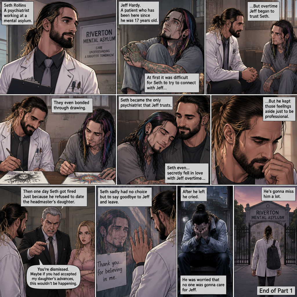 Seth Rollins is a psychiatrist working at a mental asylum. He was assigned to look after a patient who has been here since he was 17 years old,His name is Jeff Hardy. At first it was difficult for Seth to try to connect with Jeff,But Overtime Jeff began to trust Seth. They even bonded through drawing. Seth became the only psychiatrist that Jeff trusts. Seth even….secretly fell in love with Jeff overtime…But he kept those feelings aside just to be professional. Then one day Seth got fired Just because he refused to date the headmaster’s daughter. Seth sadly had no choice but to say goodbye to Jeff and leave. After he left he cried,He was worried that no one was gonna care for Jeff. He’s gonna miss him a lot (End of part 1)