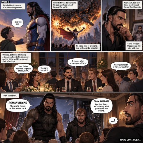 (Part 1 of an Ambrolleigns story) Seth Rollins is the son of a famous superhero. When he was 15 years old his sad sacrificed himself to save the world,the last this his dad said to him was “I love you son”. As an adult he still thinks about his dad. One day He was attending a dinner party with his coworkers and his father’s old friends and their offsprings,Then suddenly….Two villains (Roman Reigns and Dean Ambrose) bursts in