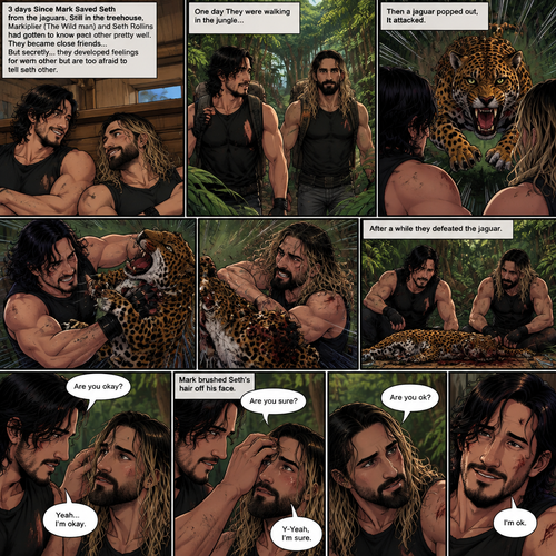 (part 3). 3 days Since Mark Saved Seth from the jaguars,Still in the treehouse,Markiplier (The Wild man) and Seth Rollins had gotten to know each other pretty well. They became close friends…But secretly…they developed feelings for each other but are too afraid to tell each other. One day They were walking in the jungle,Then a jaguar popped out,It attacked. They fought it off. After a while they defeated the jaguar. “Are you okay?” Asked Mark. “Yeah…I’m okay” Said Seth. Mark brushed Seth’s hair off his face. “Are you sure?” Asked Mark. Seth blushed a little. “Y-Yeah,I’m sure” said Seth. “Are you ok?” Asked Seth. “I’m ok” Said Mark (End of part 3)