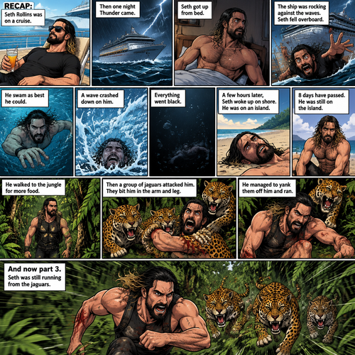 (Recap) Seth Rollins was on a cruise,then one night Thunder came,Seth got up from bed,The ship was rocking against the waves,Seth fell overboard,He swam as best he could,A wave crashed down on him,Everything went black,A few hours later,Seth woke up on shore,He was on an island,8 days have passed,He was still on the island,He walked to the jungle for more food,Then a group of jaguars attacked him,They bit him in the arm and leg,He managed to yank them off him and ran. (And now part 3). Seth was still running from the jaguars