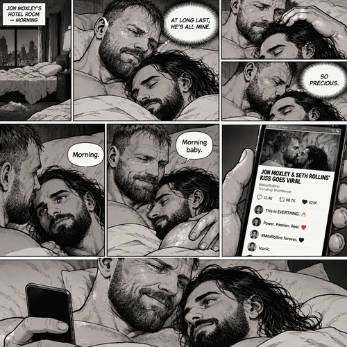 (Part 3). Still in Jon Moxley’s hotel room. Jon Moxley and Seth Rollins were asleep after last night’s activity. Jon slowly woke up,he looked down at Seth who was still asleep. Jon smiled,then he gently stroked Seth’s head. “At long last,He’s all mine” Jon thought to himself. He gently kissed Seth’s forehead. Seth hummed softly in his sleep. “So precious” Jon thought to himself. Seth slowly woke up. “Morning baby” Jon said softly. “Morning” Seth said softly. Jon gently pulled Seth closer to him. Jon picked up his phone. That kiss with Seth from last night went viral. Jon looked at Seth and smiled