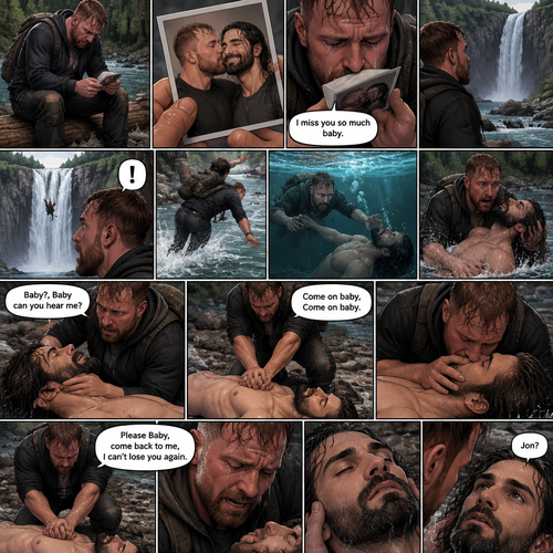 (Recap) Still in the Zombie Apocalypse. Seth Rollins’s world was still black after he fell down a waterfall and hit the water,The his body coughed out water,Then a familiar voice faded in saying “It’s ok baby,It’s ok baby,I got you”,he slowly opened his eyes,the familiar voice spoke again saying “That’s it baby,Open those beautiful eyes”,his vision cleared,he sees Jon Moxley looking down at him and holding him with tears of joy in his eyes,”Jon?” Seth asked weakly. (And now part 3) (This is Jon Moxley’s POV). Jon was sitting down on a log near the river alone looking sad. He looked at a romantic photo of Him and Seth before the zombie apocalypse began. Jon thought Seth died the day the zombie apocalypse began 4 years ago. Tears streamed down Jon’s face,He gently kissed the photo he’s holding. “I miss you so much baby” Said Jon. He looked at the waterfall,He sighed,Then….He sees someone falling down the waterfall and hitting the water. He rushes over and jumps in the water,As he swam closer he got a better look at the person….Jon was shocked….It was the man he loved…The one he thought he lost….Seth Rollins. He swam faster and managed to Get Seth,He swam back to shore while holding Seth. He gently laid Seth down on the shore. “Baby?,Baby can you hear me?” Jon asked. When Seth didn’t respond Jon did CPR on him. “Come on baby,Come on baby” said Jon. He then did mouth to mouth on Seth,Then he went back to doing CPR. “Please Baby,come back to me,I can’t lose you again” said Jon