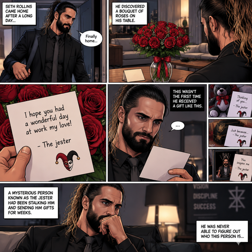 Seth Rollins came home after a long day,He discovered a bouquet of roses on his table. He reads the card,it says “I hope you had a wonderful day at work my love!-The jester”. This wasn’t the first time he received a gift like this. A mysterious person known as the Jester had been stalking him and sending him gifts for weeks. He was never able to figure who this person is