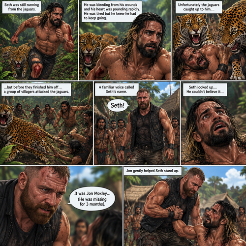 (Recap) Seth Rollins was on a cruise,then one night Thunder came,Seth got up from bed,The ship was rocking against the waves,Seth fell overboard,He swam as best he could,A wave crashed down on him,Everything went black,A few hours later,Seth woke up on shore,He was on an island,8 days have passed,He was still on the island,He walked to the jungle for more food,Then a group of jaguars attacked him,They bit him in the arm and leg,He managed to yank them off him and ran. (And now part 3). Seth was still running from the jaguars. He was bleeding from his wounds and his heart was pounding rapidly,He was tired but he knew he had to keep going. Unfortunately the jaguars caught up to him….but before they finished him off….a group of villagers attacked the Jaguars. A familiar Voice called Seth’s name. Seth looked up….He couldn’t believe it….It was Jon Moxley (He was missing for 3 months). Jon gently helped Seth stand up