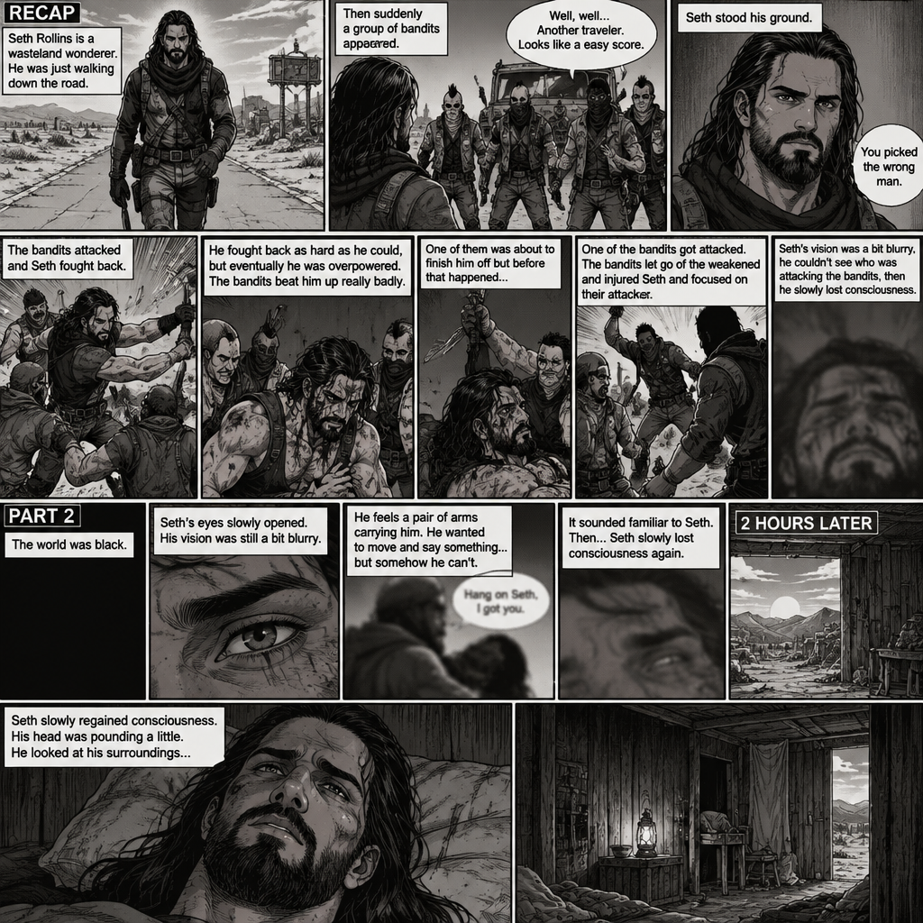 (Recap).Seth Rollins is a wasteland wonderer,He was just walking down the road,Then suddenly A group of bandits appeared,Seth stood his ground,Then the bandits attacked and Seth fought back,He fought back as hard as he could,but eventually he was overpowered,The bandits beat him up really badly,One of them was about to finish him off but before that happened One of the bandits got attacked,The bandits let go of the weakened and Injured Seth and focused on their attacker,Seth’s vision was a bit blurry,he couldn’t see who was attacking the bandits,then he slowly lost consciousness. (And now part 2). The world was black. Seth’s eyes slowly opened,His vision was still a bit blurry. He feels a pair of arms carrying him. He wanted to move and say something…but somehow he can’t. Then he heard a faint voice saying “Hang on Seth,I got you”. It sounded familiar to Seth. Then…Seth slowly lost consciousness again. 2 hours later,Seth slowly regained consciousness. His head was pounding a little. He looked at his surroundings