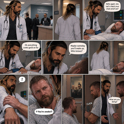 Seth Rollins is a Doctor. He had been looking after a patient (Jon Moxley) who had been in a coma for two years. One day he was walking to Jon’s room,Then he saw men in suits at the front desk. He thought nothing of it and kept walking. He entered Jon’s room. “Hello again Jon,Let’s check your vitals shall we?” Said Seth. He checks Jon’s vitals. “Ok everything Looks good so far” said Seth. He looked at Jon’s face. “Maybe someday you’ll wake up,Who knows?” Said Seth. He got up to leave the room….But a hand grabbed a hold of his wrist. Seth gasped. It was Jon,He’s wide awake and Looking at Seth. “Y-You’re awake” Said Seth. Then Jon carefully got up,Looked out the door and noticed the men in suits. His eyes widened and he shut the door and locked it. “What are you doing?” Seth asked