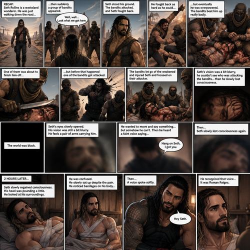 (Recap).Seth Rollins is a wasteland wonderer,He was just walking down the road,Then suddenly A group of bandits appeared,Seth stood his ground,Then the bandits attacked and Seth fought back,He fought back as hard as he could,but eventually he was overpowered,The bandits beat him up really badly,One of them was about to finish him off but before that happened One of the bandits got attacked,The bandits let go of the weakened and Injured Seth and focused on their attacker,Seth’s vision was a bit blurry,he couldn’t see who was attacking the bandits,then he slowly lost consciousness. (And now part 2). The world was black. Seth’s eyes slowly opened,His vision was still a bit blurry. He feels a pair of arms carrying him. He wanted to move and say something…but somehow he can’t. Then he heard a faint voice saying “Hang on Seth,I got you”. It sounded familiar to Seth. Then…Seth slowly lost consciousness again. 2 hours later,Seth slowly regained consciousness. His head was pounding a little. He looked at his surroundings. He was confused. He slowly sat up despite the pain. He noticed bandages on his body,Then….A voice spoke softly “Hey Seth”. He recognized that voice…it was Roman Reigns