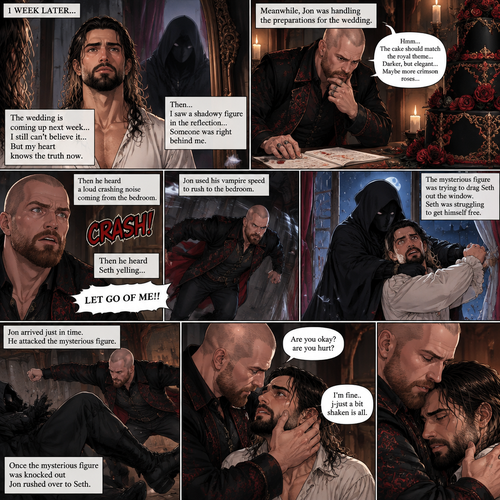 (Recap)Jon Moxley (The vampire king) and Seth Rollins (The vampire hunter…well now The bride Of Jon Moxley) were at the royal feast,Seth was stunned because Jon announced that Seth was his bride,Jon also said that the wedding would take place in 2 weeks,Seth just sat there stunned,Jon sat down and wrapped his arm around Seth and pulled him close,He gently kissed Seth’s forehead,Seth’s heart fluttered,Jon heard it and said “you’re cute,My little hunter”. (And now part 6). 1 week had passed,the wedding was coming up next week. Seth still couldn’t believe it…but his heart knows the truth now. Jon was handling the preparations for the wedding. Seth was looking in the mirror…then he saw a shadowy figure in the reflection…someone was right behind him. Jon was trying to figure out some details for the wedding cake….Then he heard a loud crashing noise coming from the bedroom,Then he heard Seth yelling “LET GO OF ME!!”. Jon used his vampire speed to rush to the bedroom. The mysterious figure was trying to drag Seth out the window. Seth was struggling to get himself free. Jon arrived just in time,He attacked the mysterious figure. Once the mysterious figure was knocked out Jon rushed over to Seth. “Are you okay?,are you hurt?” Jon asked “I’m fine..j-just a bit shaken is all” said Seth. Jon gently held Seth