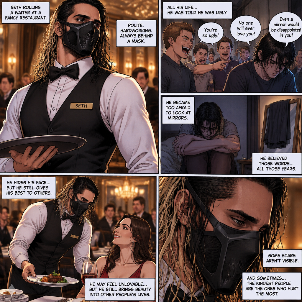 Seth Rollins is a waiter at a fancy restaurant,He’s wearing a mask that covers his face. The reason for that is heartbreaking. All his life he was told he was ugly and no one will love him. He was even too afraid to look at mirrors. He believed those words all those years