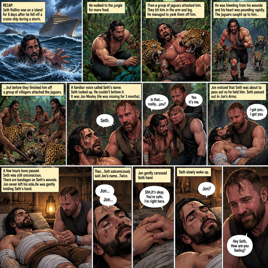 (Recap) Seth Rollins was on a Island for 8 days after he fell off a cruise ship during a storm,He walked to the jungle for more food,Then a group of jaguars attacked him,They bit him in the arm and leg,He managed to yank them off him,He was bleeding from his wounds and his heart was pounding rapidly,The jaguars caught up to him,but before they finished him off a group of villagers attacked the Jaguars,A familiar Voice called Seth’s name,Seth looked up,He couldn’t believe it,It was Jon Moxley (He was missing for 3 months),Jon gently helped Seth stand up,”Is that….really….you?” Seth asked,”Yes it’s me” Said Jon,Jon noticed that Seth was about to pass out so he held him,Seth passed out in Jon’s Arms,”I got you..I got you” Said Jon,He lifted Seth in his arms. (And now part 4). A few hours have passed,Seth was still unconscious,There are bandages on Seth’s wounds. Jon never left his side,He was gently holding Seth’s hand. Then….Seth subconsciously said Jon’s name…Twice. Jon gently caressed Seth hand. “Shh,It’s okay,You’re safe,I’m right here” Jon said softly. Seth slowly woke up. “Jon?” Seth asked softly. “Hey Seth,How are you feeling?” Jon said softly
