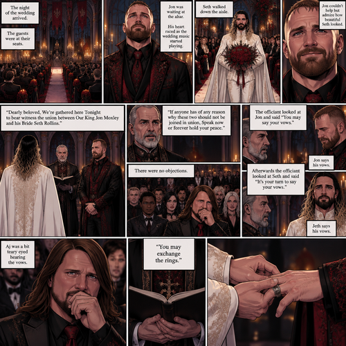(Recap) Seth Rollins (The vampire hunter turned Bride of the Vampire king) Reunited with his long lost brother Aj Styles,Time skip to 3 days before the wedding,Seth and Jon Moxley (Vampire King) were still preparing,Aj helped out,The night before Aj had told Jon and Seth that he’s a werewolf,Seth and Jon were shocked but were happy that Aj was being honest with them,Seth was on the balcony Looking at the view and Looking nervous about the wedding,Jon appeared behind him checking in on him,“Can’t sleep?” Jon asked,“No” Said Seth,Jon wrapped his arms around him,“What’s on your mind?” Jon asked,”I’m just very nervous about our wedding,Don’t get me wrong I want to marry you…It’s just….what if I mess up? What if people don’t like me?…what if…..I’m not enough….for you?” Said Seth,”Look at me my love” Jon said softly,Seth looked up at him,”You’re not gonna mess up,I’ll be right with you,If people don’t like you they’ll have to deal with me,You ARE enough for me,You’re the only one I want,The ONLY one i love,You’re mine..and I’m yours,For eternity” Jon said softly,Seth’s heart fluttered,Jon kissed him softly,”I love you” Jon said Softly,”I love you too” Seth said softly,They kissed again. (And now part 9) The night of the wedding arrived,The guests were at their seats. Jon was waiting at the altar. The wedding music started playing. Seth walked down the aisle. Jon couldn’t help but admire how beautiful Seth looked. Seth got to the altar. “Dearly beloved,We’re gathered here Tonight to bear witness the union between Our King Jon Moxley and his Bride Seth Rollins” Said the officiant. “If anyone has of any reason why these two should not be joined in union,Speak now or forever hold your peace” The officiant continued. There were no objections. The officiant looked at Jon and said “You may say your vows”. Jon says his vows. Afterwards The officiant looked at Seth and said “It’s your turn to say your vows”. Seth says his vows. Aj was a bit teary eyed hearing the vows. “You may exchange the rings” said the officiant