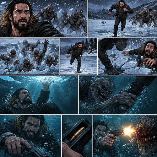 It’s a blizzard…During a monster apocalypse. Seth Rollins was on the run from a group of monsters. He ended up on ice over a frozen lake. The ice began to crack under the group of monsters combined weight. Seth kept running while the monsters fell through the ice and ended up in the water. He almost made it to the ground….But then the ice cracked under him and he fell into the water. He swam to the surface…but one of the monsters grabbed his ankle and pulled him. Seth grabs his gun…it had one bullet left…He used it to shoot the monster before it pulled him deeper in the cold water