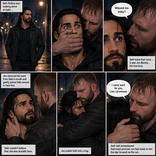 Seth Rollins was walking alone at night….then….someone grabbed him from behind and covered his mouth so he wouldn’t scream,Then the person whispered in Seth’s ear “Missed me baby?”. Seth knew that voice….it was Jon Moxley..his first love. Seth’s heart was pounding. Jon removed his hand from Seth’s mouth and gently turned Seth around to face him. Seth couldn’t believe that Jon was actually here. Jon pulled Seth into a hug. “I came back for you,Like I promised” Jon said Softly. Seth had remembered that exact promise Jon had made to him the day he went on the run