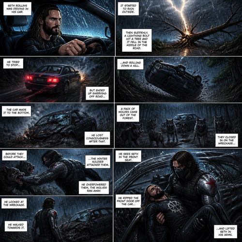 Seth Rollins was driving in his car,It started to rain outside.Then suddenly a lightning bolt hit a tree and it fell in the middle of the road.He Tried to stop…But ended up swerving off road and rolling down a hill.The car made it to the bottom,He lost consciousness after that.A pack of wolves came out of the forest,They closed in on the wreckage,Before they could attack…the winter soldier attacked them.He overpowered them,The wolves ran away.He looked at the wreckage,He walked towards it,He Sees Seth in the front seat,He ripped the front door off the car and lifted Seth in his arms