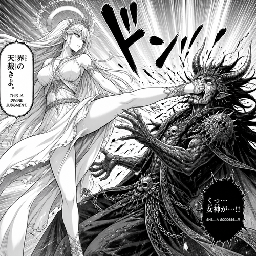 The goddess hits  the god of hell with an kick