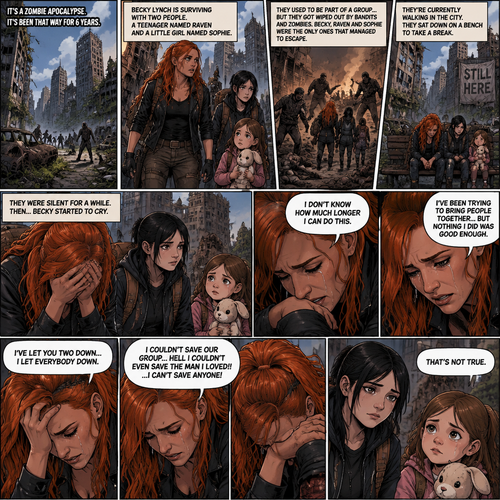 It’s a zombie apocalypse,It’s been that way for 6 years,Becky lynch is surviving with two people,A teenager named Raven and a little girl named Sophie. They used to be part of a group…but they got wiped out by Bandits and Zombies,Becky,Raven and Sophie were the only ones that managed to escape. They’re currently walking in the city. They sat down on a bench to take a break. They were silent for a while. Then…Becky started to cry. Raven and Sophie were concerned. “I don’t know how much longer I can do this” Said Becky. “I’ve been trying to bring people together…but nothing I did was good enough” Becky continued. “I’ve let you two down…I let everybody down” Becky continued. “I couldn’t save our group…hell i couldn’t even save the man I loved!!…I can’t save anyone!” Becky continued. Becky continued to cry. Raven and Sophie were sad to see Becky like this. “That’s not true” said Sophie