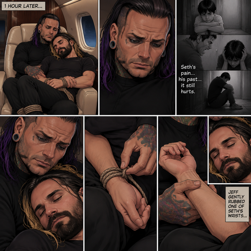 (Part 4). Still on the private plane. 1 hour had passed. The nefarious Jeff Hardy and Seth Rollins (A secret agent) were still asleep after Seth’s emotional breakdown. Seth’s wrists and ankles were still tied up and still in Jeff’s arms. Jeff woke up,He looked down at Seth who was still asleep. He thought back to Seth’s emotional breakdown About his past. Jeff had sadness in his eyes again,He looked at Seth’s wrists…and untied them. He gently rubbed one of Seth’s wrists