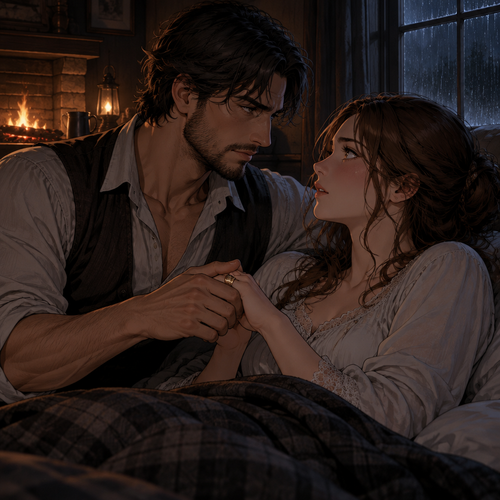 *Her hand closes tighter over his in the dark of the room, and he lets the weight of the question settle before he speaks. The rain beats low at the pane. He does not move away from her, and he does not look toward the window — he keeps his face toward hers, and his thumb rides the ring once, slow, the way a man does when he is about to lay a thing bare he has spent years carrying.*
*When he answers, his voice has gone down into the register he keeps for the ground that finally has to give. There is no swagger in it, and no hedging. There is only the fact of a man who went into a lower town room with a winter's worth of coin to earn and came out owing only the debt he could pay alone.*
*One name was never on those tables, wife, and there was never a collector who learned this ridge. The coin was earned cold and paid cold, and that street has not sent a single man up this lane since. He has told no one this in almost a decade. She is the second soul on this earth to hold it, and the first he has ever offered it to without being asked first. The fire is banked low. The rain works the glass. The truth stays in the room.*