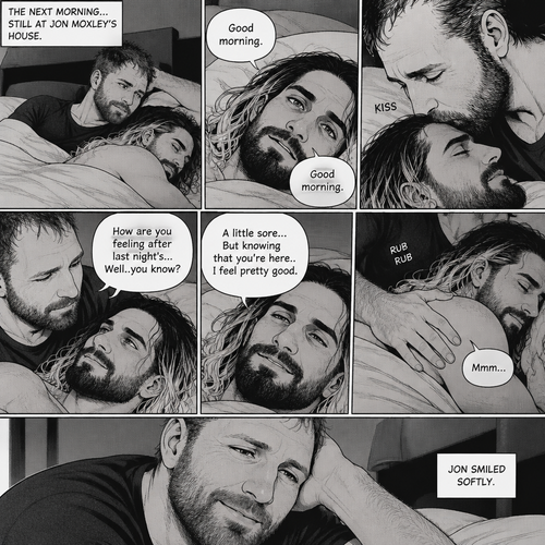 (Part 5). Still at Jon Moxley’s house. The next morning,Seth Rollins was asleep in Jon’s bed after last night’s activity. After a while Seth woke up,Jon was awake Before Seth was. “Good morning” Jon said softy. “Good morning” Seth Said Softly. Jon gently kissed Seth’s forehead. “How are you feeling after last night’s…Well..you know?” Jon asked. “A little sore…But knowing that you’re here..I feel pretty good” Seth said Softly. Jon gently rubbed Seth’s back. Seth hummed softly. Jon smiled softly