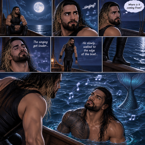 Seth Rollins was alone on a boat at night,He looked at the moon. Then….he heard…singing,he tried looking for the source. “Where is it coming from?” Seth asked himself. Then….the singing got louder,Then….Seth…strangely….started to relax…as if he was in a trance. He slowly…walked to the edge of the boat…as if the singing was telling him to. Then…something popped out of the water….it was a siren (Roman Reigns),The singing came from him. 