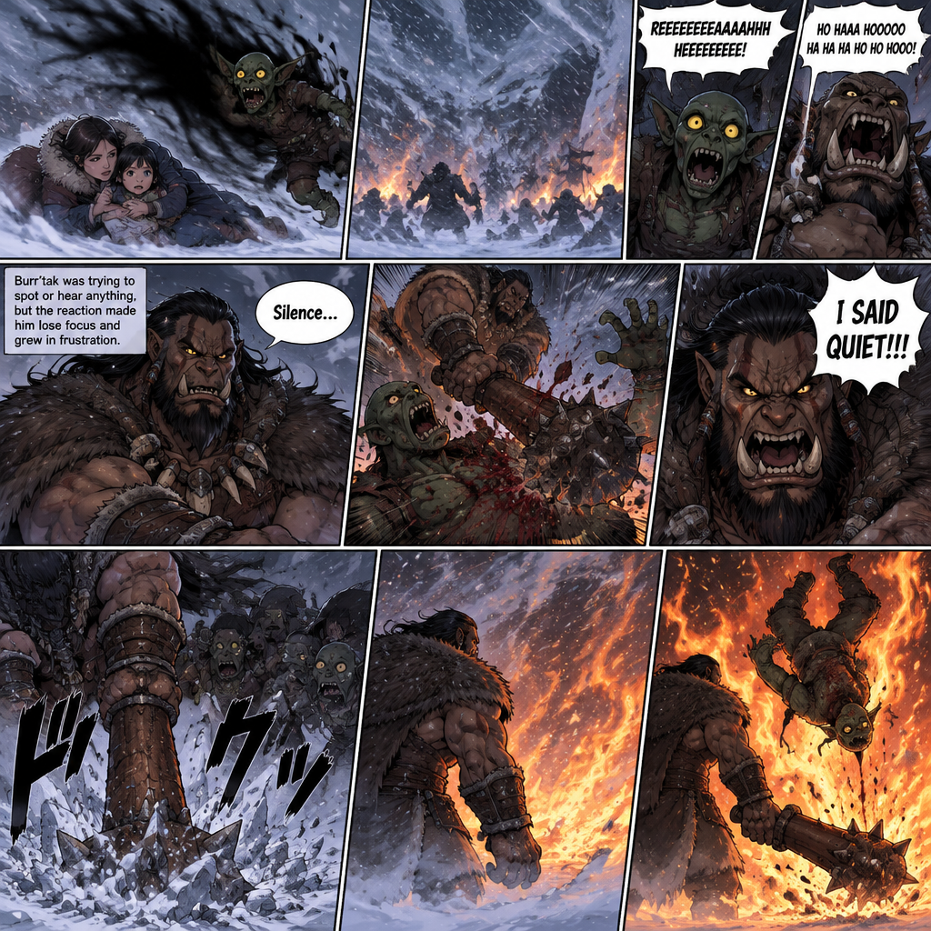 Intercepted by a swift darkness, the goblin simply vanished as the child and the mother rolled to their side and the snow covering the ground came to life as it became a storming blizzard. The flames dimmed and the Legion hollered in fear. The goblins screeched and hissed while the orcs hooted and wooed. Burr'tak was trying to spot or hear anything, but the reaction made him lose focus and grew in frustration.
BURR’TAK: Silence…
ORCS: HO HAAA HOOOOO HA HA HA HO HO HOOO!
GOBLINS: REEEEEEEEAAAAAHHH HEEEEEEE!
He lashed out, crushing a nearby orc under his club.
BURR’TAK: I SAID QUIET!!!
Then he hit the ground with thunderous authority. The orcs and goblins in fear quiet down, but by instinct still made sounds. Burr’tak then turned back towards the direction of the mother and little girl, the flames began to rise from the wind of the blizzard, heating them like a fire pit. Burning massive flames. The body of the goblin is then tossed through the fire, landing directly in front of Burr’tak.