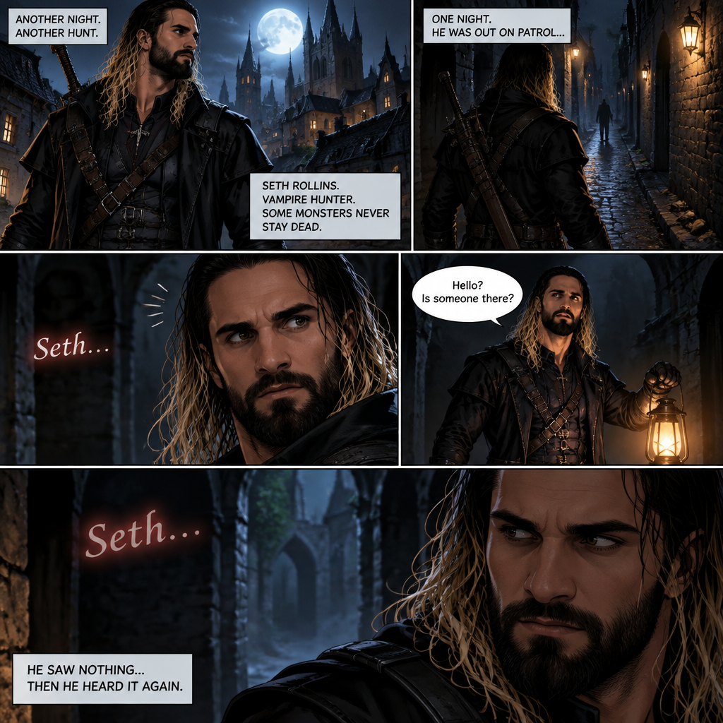 Seth Rollins is a vampire hunter,One night he was out on patrol…then….he heard someone…softly call out his name. “Hello?,Is someone there?” Seth called out. He saw nothing….then he heard it again