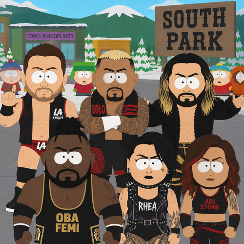 LA Knight,Solo Sikoa,Seth Rollins,Oba Femi,Rhea Ripley and Ari Stone (My wrestler oc) in South Park 