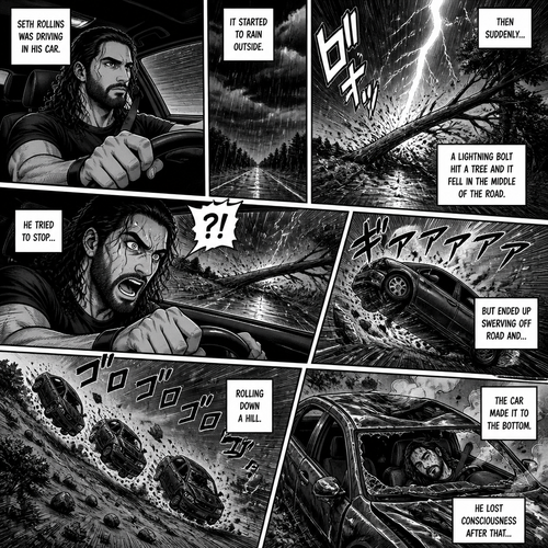 Seth Rollins was driving in his car,It started to rain outside.Then suddenly a lightning bolt hit a tree and it fell in the middle of the road.He Tried to stop…But ended up swerving off road and rolling down a hill.The car made it to the bottom,He lost consciousness after that