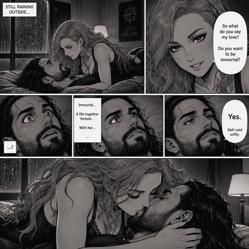 Part 4.Still in Seth Rollins’s house,Still raining outside.Seth Rollins and Becky lynch are in Seth’s room,Becky is on top of him,Seth’s eyes were widened and his breath hitched a little after Becky offered him immortality. “So what do you say my love? Do you want to be immortal?” Asked Becky.Seth thought about for a bit…Then he made his decision. “Yes” Seth said softly.Becky smiled and gently kissed him