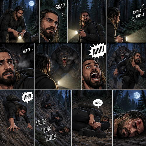 Seth Rollins was lost in the middle of the woods at night,The only this has right now is a backpack and a flashlight.He was about to take a break…then he heard something stepping on a twig.He looked around for the source pointing his flashlight,Then he heard something moving in the woods,He was looking frantically.He was about to give up….then he felt something breathing on him,his heart was beating loudly,He turned around slowly while pointing his flashlight…it was….A werewolf!!.Seth Yelled in fear and ran.The werewolf chased after him,It was gaining on Seth…but he wasn’t about to give up now..so he kept running.Seth was still running….then he tripped and rolled down a steep hill,He sprained his ankle on the way down…and then he hit his head at the bottom of the hill