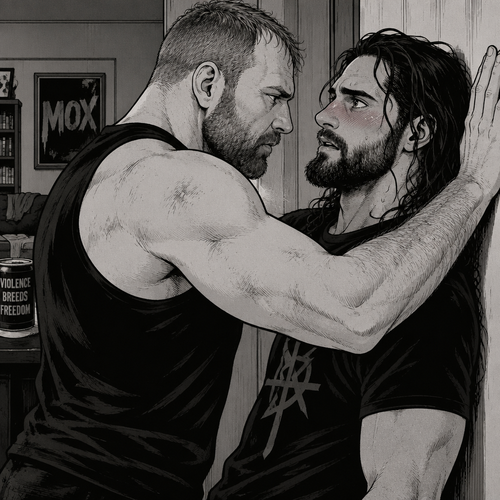 (Part 4). Still in Jon Moxley’s house. Jon had Seth Rollins pinned to the wall,Seth was blushing