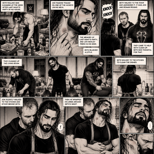 (Part 2) Seth Rollins was cleaning up the mess after last night’s party in his house. His fingers traced on one of the hickeys on his neck. The memory of last night’s party…and Jon Moxley Fresh in his mind. Seth blushed a little,Then there was a knock on the door. Seth walked to the door and answered it,It was Jon and Roman Reigns. They came to help Seth clean up. Seth was thankful for that. They cleaned up the living room. Seth walked to the kitchen to clean the dishes. Jon silently walked to the kitchen and stood behind Seth,Then he wrapped his arms around Seth’s waist