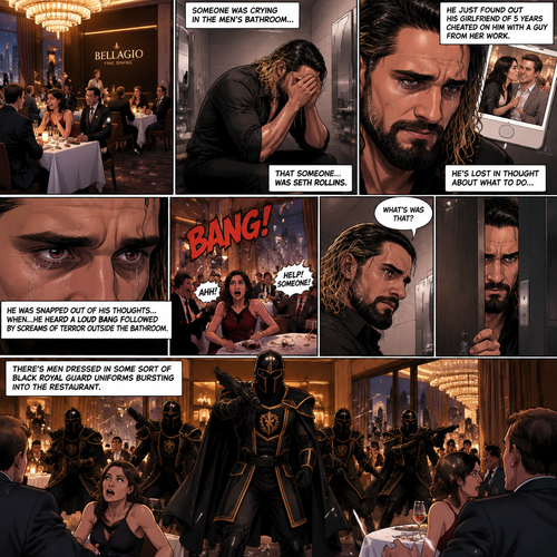 There’s a fancy restaurant,Someone was crying in the men’s bathroom,That someone…was Seth Rollins. He just found out his girlfriend of 5 years cheated on him with a guy from her work. He’s lost in thought about what to do,He was snapped out of his thoughts…when….he heard a loud bang followed by screams of terror outside the bathroom. “What’s was that?” Seth asked himself. He cracked the door open a bit to see what’s going on,There’s men dressed in some sort of black royal guard uniforms bursting into the restaurant