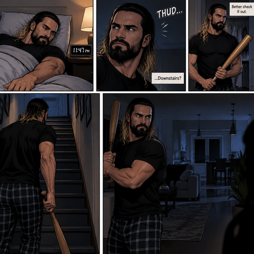 Seth Rollins was in his house about to go to bed…then he heard a noise downstairs. He grabbed a bat and went downstairs to investigate