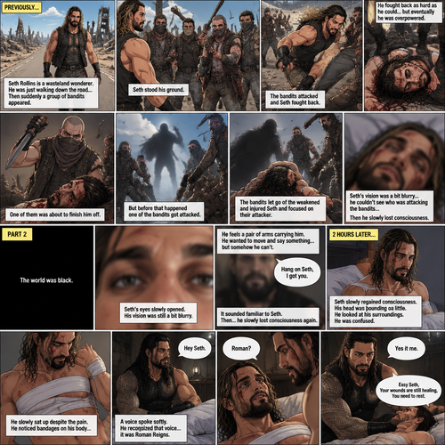(Recap).Seth Rollins is a wasteland wonderer,He was just walking down the road,Then suddenly A group of bandits appeared,Seth stood his ground,Then the bandits attacked and Seth fought back,He fought back as hard as he could,but eventually he was overpowered,The bandits beat him up really badly,One of them was about to finish him off but before that happened One of the bandits got attacked,The bandits let go of the weakened and Injured Seth and focused on their attacker,Seth’s vision was a bit blurry,he couldn’t see who was attacking the bandits,then he slowly lost consciousness. (And now part 2). The world was black. Seth’s eyes slowly opened,His vision was still a bit blurry. He feels a pair of arms carrying him. He wanted to move and say something…but somehow he can’t. Then he heard a faint voice saying “Hang on Seth,I got you”. It sounded familiar to Seth. Then…Seth slowly lost consciousness again. 2 hours later,Seth slowly regained consciousness. His head was pounding a little. He looked at his surroundings. He was confused. He slowly sat up despite the pain. He noticed bandages on his body,Then….A voice spoke softly “Hey Seth”. He recognized that voice…it was Roman Reigns. Seth looked up. “Roman?” Seth asked softly. Roman Sat next to Seth. “Yes it me” Roman said softly. Seth tried to get up but Roman stopped him. “Easy Seth,Your wounds are still healing,You need to rest” said Roman
