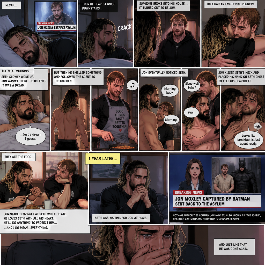 (Recap). Seth Rollins was asleep in his bed after finding out Jon Moxley A.K.A the joker had escaped the asylum on a news report,Then he heard a noise downstairs,Someone broke into his house,It turned out to be Jon,They had an emotional reunion,The next morning,Seth slowly woke up on his bed,He looked at his surroundings,Jon wasn’t there,He believed it was a dream,He sighed,then he smelled something,He got up and followed the smell to the kitchen,Then he sees Jon making breakfast while humming a tune,Seth smiled,It wasn’t a dream after all,Jon eventually noticed Seth,He smiled softly,“Morning baby” Said Jon,”Morning” Said Seth,Jon motioned for Seth to come closer,Seth came closer to Jon.Jon wrapped his arm around Seth’s waist,then he kissed Seth’s forehead,Seth hummed softly,”Sleep well baby?” Jon asked softly,”Yeah” Seth said softly,Jon kissed Seth’s neck,Seth’s heart fluttered,Jon gently placed his hand on Seth’s chest to feel his heartbeat,Seth blushed,Jon chuckled softly,Jon looked at the food,”Looks like breakfast is just about ready” Said Jon,Seth sat at the table and Jon put the breakfast on the table,They ate the food,Jon stared lovingly at Seth while he ate,He loves Seth with all his heart,He’ll do anything to protect him….and I do mean…everything. (And now part 4). 1 year later,Seth was waiting for Jon at home. Then a news report came on saying that Jon was captured by Batman and was sent back to the asylum