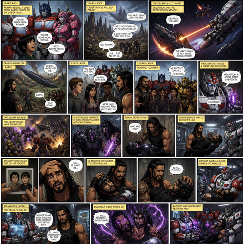 WWE Superstar Roman Reigns ends up on Cybertron as a child and ended up adopted by Optimus Prime and Elita-1.Years later Cybertron is falling apart,Elita-One stays behind while Roman,Optimus Prime and the other Autobots leave on the ark after an emotional goodbye.Then suddenly they get attacked by Megatron and the Decepticons.Then The Deceptions shoot the ark’s wing and Roman and Optimus and the other Autobots crash land on another planet.After A while Roman wake up and looks around and sees Optimus and the Autobots unconscious.Roman opens the Arks hatch and sees…That he’s on the one planet that he thought he would never return to…His home planet..Earth.Then Optimus wakes up.Roman explains to him that they’re on earth,Then bumblebee,Ratchet,Arcee,Jazz,Ironhide and wheel jack wakes up.Timeskip to 3 days later.They meet Three humans,Thier names are Jack,Miko and Raph.Timeskip to 2 years later.Roman and Optimus and the Autobots have been working along side Jack,Miko and Raph to protect earth from the Decepticons.Then Ratchet made a terrifying discovery…Megatron is using Dark energon.Then the base alarm went off.The Decepticons have found the Autobot base and were attacking them.Then a mysterious creature in a dark energon cyber suit attacks Roman.Roman manages to defeat him.The Decepticons realize they’re overwhelmed by the Autobots they retreat leaving the mysterious creature behind.Roman Carries the unconscious creature to Ratchet’s lab.As he puts him on the table an old picture falls out of his pocket.While ratchet Straps the unconscious mysterious creature to the table Roman looks at the photo.There’s two young boy on it,As Roman looked closely at the photo….He realizes that it’s him with a friend of his as kids, “No….It can’t be” said Roman. Optimus and Ratchet Noticed the look on his face, “Roman? What’s Wrong?” Asked Optimus. But Roman didn’t answer.He walked to the unconscious man,He takes off the Helmet…and sure enough…It was Seth Rollins (Roman and Seth are childhood friends in this story).Roman was shocked,Then tears stream down his face. “Seth..It is you” Roman said to him self.Optimus Gently hugged Roman from behind.Ratchet takes a sample of Seth’s blood to analyze it while Roman silently cries in Optimus’s arms and Arcee,Bumblebee,Wheeljack,Ironhide,Jack,Miko and Raph watch with sympathetic looks on their faces.20 Minutes later Ratchet returns with a grim look on his face.He has the results.Apparently Megatron has been injecting Dark energon into Seth’s body.Roman was Angry when he heard this.Then…Seth Suddenly wakes up and thrashing around and wanting to attack someone.His eyes and body were glowing with dark energon.Ratchet and Wheel Jack grabs him the straps him down on the table