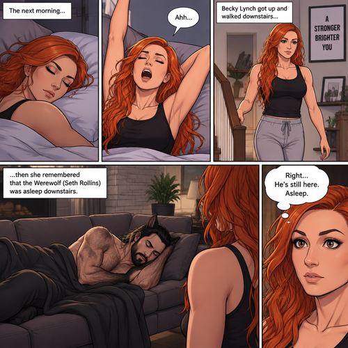 (Part 3 of the werewolf x human story) The next morning,Becky Lynch was asleep in her bed. Then she woke up. She got up and stretched her arms. She walked downstairs…then she remembered that the Werewolf (Seth Rollins) was asleep downstairs