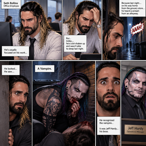 Seth Rollins was working at an office building. He’s usually focused on his work,But…today….he’s a bit shaken up and wasn’t able to sleep last night. Because last night….on his way home from the grocery store…he heard a scream from an alleyway. He looked…He saw….a Vampire. He recognized the vampire…it was Jeff Hardy…his boss