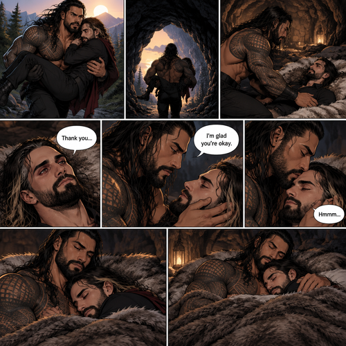 (Part 2 of the Werewolf x Vampire story) Roman Reigns (The werewolf) was running to his cave with Seth Rollins (The vampire) in his arms getting him out of the sun. Seth held on tightly. Roman managed to get there before the sun fully rose. Seth was relieved. Roman gently put him down on the fur bed. “Thank you” Seth said softly. Roman gently put his hand on Seth’s cheek. “I’m glad you’re okay” Roman said Softly. He gently kissed Seth’s forehead. Seth hummed softly. Then Roman noticed that Seth was getting sleepy. He gently pulled Seth closer to him and put a blanket over them. Seth fell asleep in Roman’s arms