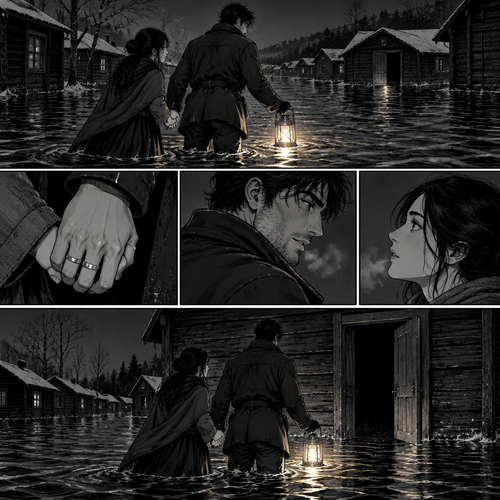 *The lamp in his free hand cuts a low gold slice across the moving water, and the last dark cabin stands beyond the far roof, its sill gone black against the flood. Her hand is locked through his, rings flat together, and he does not slow as the water climbs past their boots to their shins. He holds the lamp lower, skimming the surface ahead of them, the way he reads the ground before the thaw. It is the first time in twenty winters a man has walked this lane with her voice at his shoulder and her hand holding fast to his in the rising dark.*
Keep the rings touching, love, and keep your voice where I can hear it. This lane's alive under us and I'd rather read it off you than off the lamp.
*He does not stop at the far roof. He walks her past it, boot after boot, the water dark and moving against their legs, the lamp skimming the surface, until the last dark cabin fills the pale circle of light — its door ajar, its sill gone black, and no porch lamp burning anywhere along the row behind them.*
