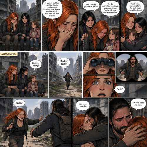 (Recap)It’s a zombie apocalypse,It’s been that way for 6 years,Becky lynch is surviving with two people,A teenager named Raven and a little girl named Sophie,They used to be part of a group…but they got wiped out by Bandits and Zombies,Becky,Raven and Sophie were the only ones that managed to escape.m,They’re currently walking in the city,They sat down on a bench to take a break,They were silent for a while,Then Becky started to cry,Raven and Sophie were concerned,Becky felt like nothing she did was good enough and that she couldn’t save anyone even the man she loved,Raven and Sophie were sad to see Becky like this,They reassured her,Becky smiled softly,They all hug each other. (And now part 2). Becky,Raven and Sophie were still sitting on the bench. Then…they heard a faint voice calling Becky’s name. They looked…and see a figure running towards them and calling Becky’s name in the distance. Becky grabbed her binoculars to see who it is. She couldn’t believe it…it was…The man she loved…the one who she thought she lost…Seth Rollins. Becky lowered her binoculars,her eyes widened in shock. “Seth?” Becky asked. Becky smiled and tears of joy rolled down her face. She ran towards him calling his name. They got to each other and hugged each other and cried tears of joy. “I thought I lost you” Becky said through her tears. “I’m here baby,I’m here” Said Seth