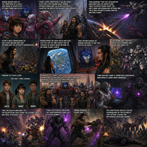 WWE Superstar Roman Reigns ends up on Cybertron as a child and ended up adopted by Optimus Prime and Elita-1.Years later Cybertron is falling apart,Elita-One stays behind while Roman,Optimus Prime and the other Autobots leave on the ark after an emotional goodbye.Then suddenly they get attacked by Megatron and the Decepticons.Then The Deceptions shoot the ark’s wing and Roman and Optimus and the other Autobots crash land on another planet.After A while Roman wake up and looks around and sees Optimus and the Autobots unconscious.Roman opens the Arks hatch and sees…That he’s on the one planet that he thought he would never return to…His home planet..Earth.Then Optimus wakes up.Roman explains to him that they’re on earth,Then bumblebee,Ratchet,Arcee,Jazz,Ironhide and wheel jack wakes up.Timeskip to 3 days later.They meet Three humans,Thier names are Jack,Miko and Raph.Timeskip to 2 years later.Roman and Optimus and the Autobots have been working along side Jack,Miko and Raph to protect earth from the Decepticons.Then Ratchet made a terrifying discovery…Megatron is using Dark energon.Then the base alarm went off.The Decepticons have found the Autobot base and were attacking them.Then a mysterious creature in a dark energon cyber suit attacks Roman.Roman manages to defeat him.The Decepticons realize they’re overwhelmed by the Autobots they retreat leaving the mysterious creature behind