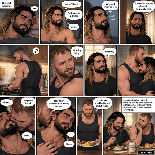 (Recap). Seth Rollins was asleep in his bed after finding out Jon Moxley A.K.A the joker had escaped the asylum on a news report,then he was woken up by a noise coming from downstairs,He grabbed a bat and walked downstairs,when He got downstairs…he noticed…one of the windows in the living room was open,He got spooked,He ran to his home phone to call the police,but before he picked up the phone….someone grabbed him from behind,“Help!” Seth yelled,The person covered Seth’s mouth,Then he whispered in Seth’s ear “shh,it’s just me baby,it’s just me”,Seth recognized the voice….It was Jon Moxley,He removed his hand from Seth’s mouth,He wrapped his arms around Seth,“I missed you so much baby” Jon said Softly,Seth dropped the bat,Then tears rolled down his face,He wrapped his arms around Jon tightly while tears were still pouring down his face as if he were afraid that Jon was gonna be taken away from him again,Jon Gently rubbed Seth’s back,“Oh baby,my poor baby,It’s ok,I’m right here,I’m not leaving you,not ever again” Jon said softly. (And now part 3). The next morning,Seth was asleep in his bed. He slowly woke up. He looked at his surroundings…Jon wasn’t there. “So It was all a dream” Said Seth. He sighed,then…he smelled something. “Why do I smell bacon?” Seth asked himself. He got up and followed the smell to the kitchen,Then…he sees Jon making breakfast while humming a tune. Seth smiled. “It wasn’t a dream after all…he’s really here” Seth said in his mind. Jon eventually noticed Seth. He smiled softly. “Morning baby” Said Jon. “Morning” Said Seth. Jon motioned for Seth to come closer. Seth came closer to Jon. Jon wrapped his arm around Seth’s waist,then he kissed Seth’s forehead. Seth hummed softly. “Sleep well baby?” Jon asked softly. “Yeah” Seth said softly. Jon kissed Seth’s neck. Seth’s heart fluttered. Jon gently placed his hand on Seth’s chest to feel his heartbeat. “Your heart beats so beautifully for me” Jon whispered in Seth’s ear. Seth blushed. Jon chuckled softly. Jon looked at the food. “Looks like breakfast is just about ready” Said Jon. Seth sat at the table and Jon put the breakfast on the table. They ate the food. Jon stared lovingly at Seth while he ate. He loves Seth with all his heart…He’ll do anything to protect him….and I do mean…everything. (End of part 3)