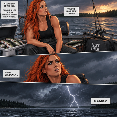 Becky Lynch is in a fishing boat,She had a long day of fishing. She caught a lot of fish (she released them after). She was about to head back to shore….then suddenly…thunder