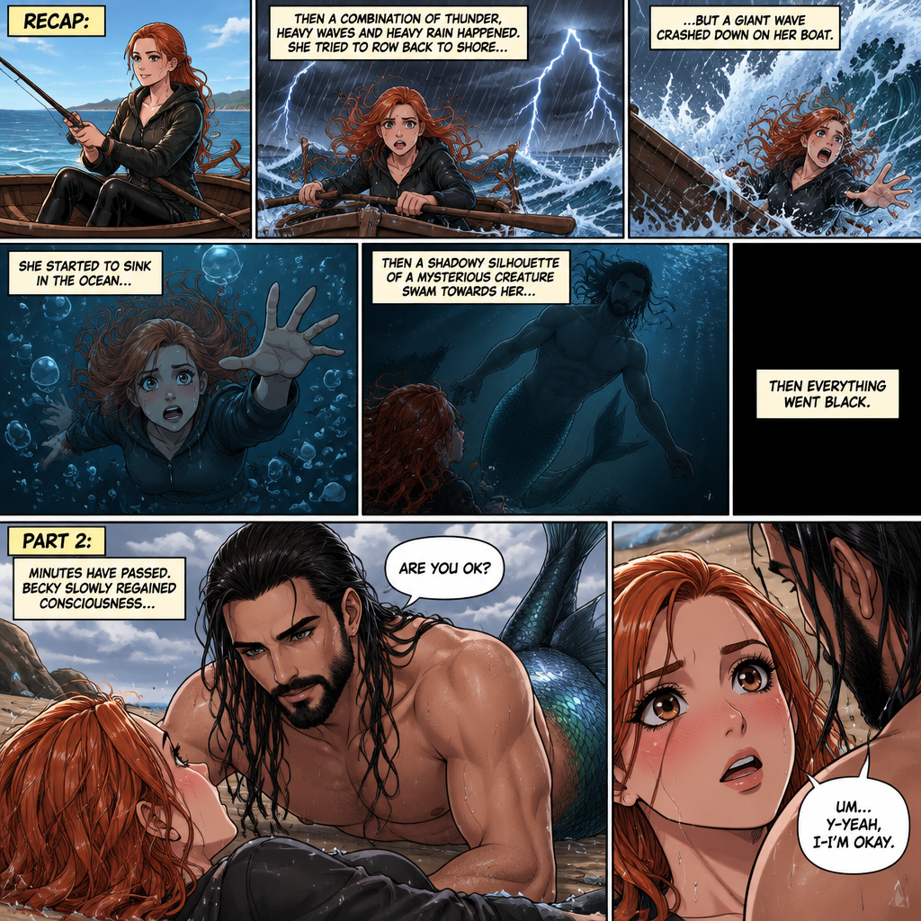 (Recap) Becky lynch was fishing,then a combination of thunder,Heavy waves and heavy rain happened,She tried to row back to shore but a giant wave crashed down on her boat,she started to sink in the ocean,then a shadowy silhouette of a mysterious creature (Seth Rollins as a merman) swam towards her,Then everything went black. (And now onto part 2). Minutes have passed,Becky slowly regained consciousness,The merman that saved her was looking down at her with relief in his eyes. “Are you ok?” Asked the merman. Becky was shocked to see an actual Handsome merman looking down at her. “Um…Y-Yeah,I-I’m okay” said Becky