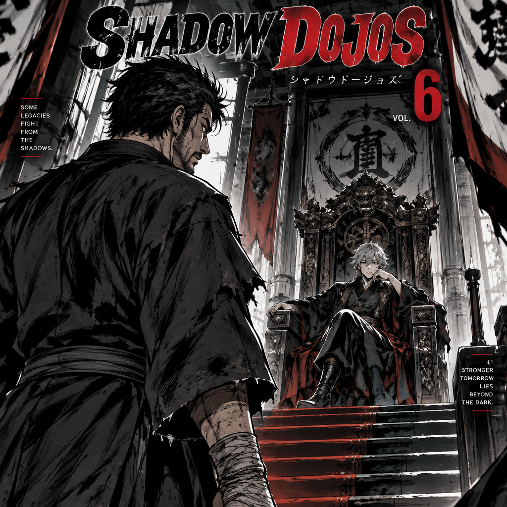 A guy in his 40s staring at another guy, not in his 40s on a throne with gray hair for a cover of shadow dojos volume six