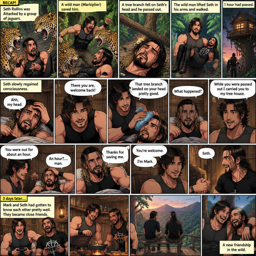 (Recap!) Seth Rollins was Attacked by a group of jaguars,A wild man (Markiplier) saved him,A tree branch fell on Seth’s head and he passed out,The wild man lifted Seth in his arms and walked,1 hour had passed,Seth slowly regained consciousness,The wild man was looking down at Him,”There you are,welcome back!” Said the wild man,Seth Groaned and put his hand on his head,”Ahh,my head” said Seth,”That tree branch landed on your head pretty good” said the wild man,He gently puts ice on Seth’s head,“What happened?” Asked Seth,”While you were passed out I carried you to my tree house” said the wild man,Seth looked at his surroundings,he was indeed in the wild man’s treehouse,”You were out for about an hour” said the wild man,”An hour?….man” said Seth,Seth slowly sat up,”Thanks for saving me” said Seth,The wild man smiled softly,”You’re welcome” said the wild man,”I’m mark” said mark,”Seth” said Seth,They shook hands. (And now part 3). 3 days later,Mark and Seth had gotten to know each other pretty well. They became close friends