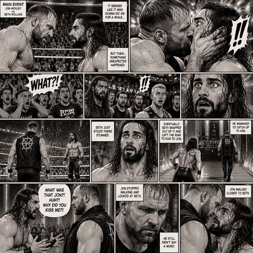 Jon Moxley and Seth Rollins were in a match against each other. It’s the main event. It seemed like it was gonna go on for a while…but then….something unexpected happened. Jon cupped his hands on Seth’s face….pulled him in…and kissed him. Seth’s eyes widened,The fans went crazy with shock,even some of the superstars that were watching were shocked. Jon then pulled away. Seth just stood there stunned. Jon didn’t say a word,he walked out of the ring and walked up the ramp. Seth eventually snapped out of it and left the ring to run to Jon. He managed to catch up to him. “What was that Jon?! Huh?! Why did you kiss me?!” Seth asked. Jon stopped walking and looked at Seth,He still didn’t say a word. He walked closer to Seth