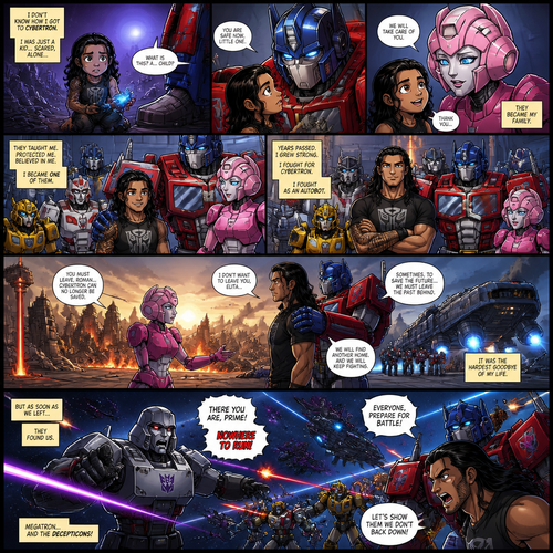 WWE Superstar Roman Reigns ends up on Cybertron as a child and ended up adopted by Optimus Prime and Elita-1.Years later Cybertron is falling apart,Elita-One stays behind while Roman,Optimus Prime and the other Autobots leave on the ark after an emotional goodbye.Then suddenly they get attacked by Megatron and the Decepticons 